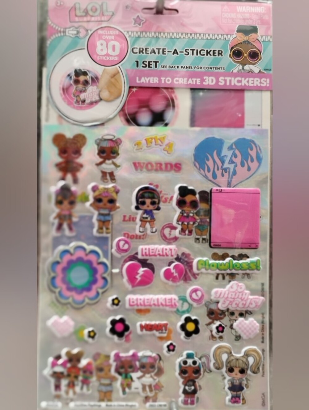L.O.L. Surprise! Pink, Blue & Turquoise Character and Heart Sticker Sheet